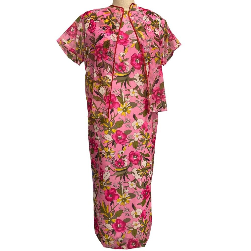 Vintage Pink Floral Maxi Dress With Sheer Overlay Jacket Short Sleeves and Open